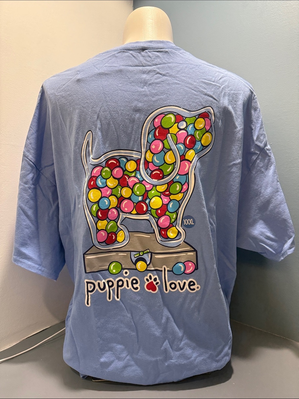 Puppie Love Women's Short Sleeve Tee - Light Blue with Colorful Dog Graphic